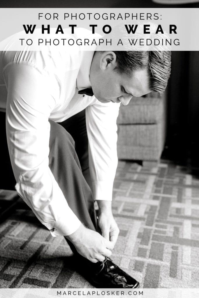 A man tying his shoe in preparation for a wedding, with text on the image that reads "for photographers: was to wear to photograph a wedding", photographed by North Shore, Massachusetts wedding photographer Marcela Plosker