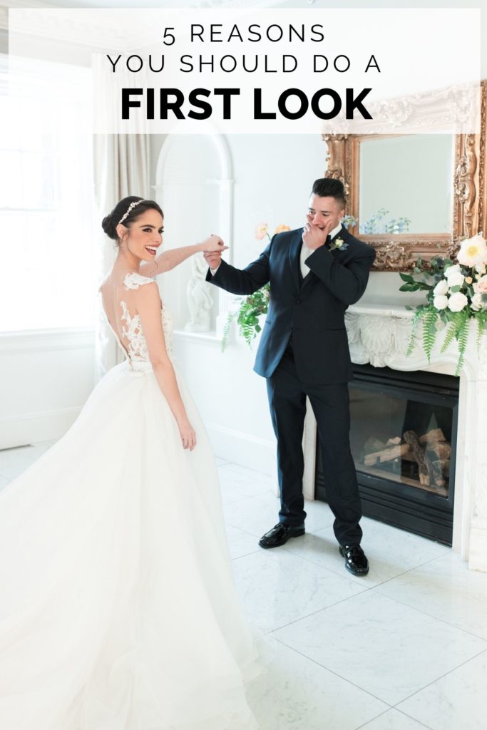 Pinterest image of a groom amazed by his bride, photographed by North Shore, Massachusetts wedding photographer Marcela Plosker, with the text "5 reasons you should do a first look" 