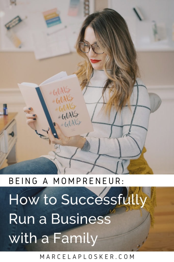 Northshore wedding photographer Marcela Plosker sits on a chair in a striped reading a book. Text overlays the image that reads Being a Mompreneur: how to successfully Run a Business with a Family