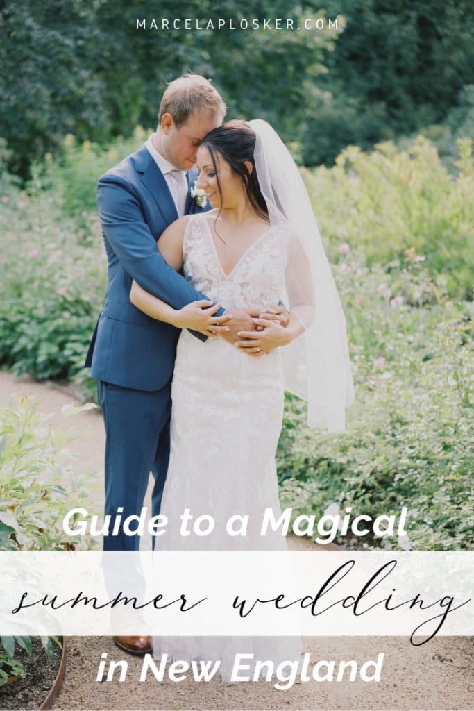 A bride and groom embrace each other in a green field with text that reads "Guide to a magical summer wedding in New England" 