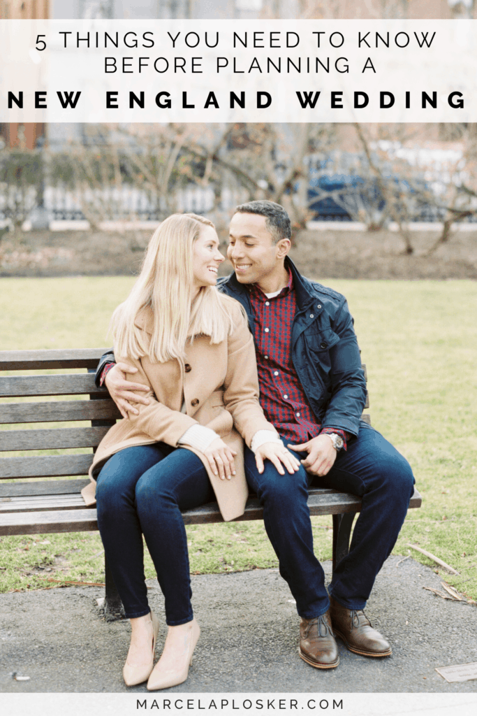 Engaged couple sitting on a bench with "5 Things You Need to Know Before Planning a New England Wedding." Photographed by North Shore, Massachusetts and New England wedding photographer Marcela Plosker