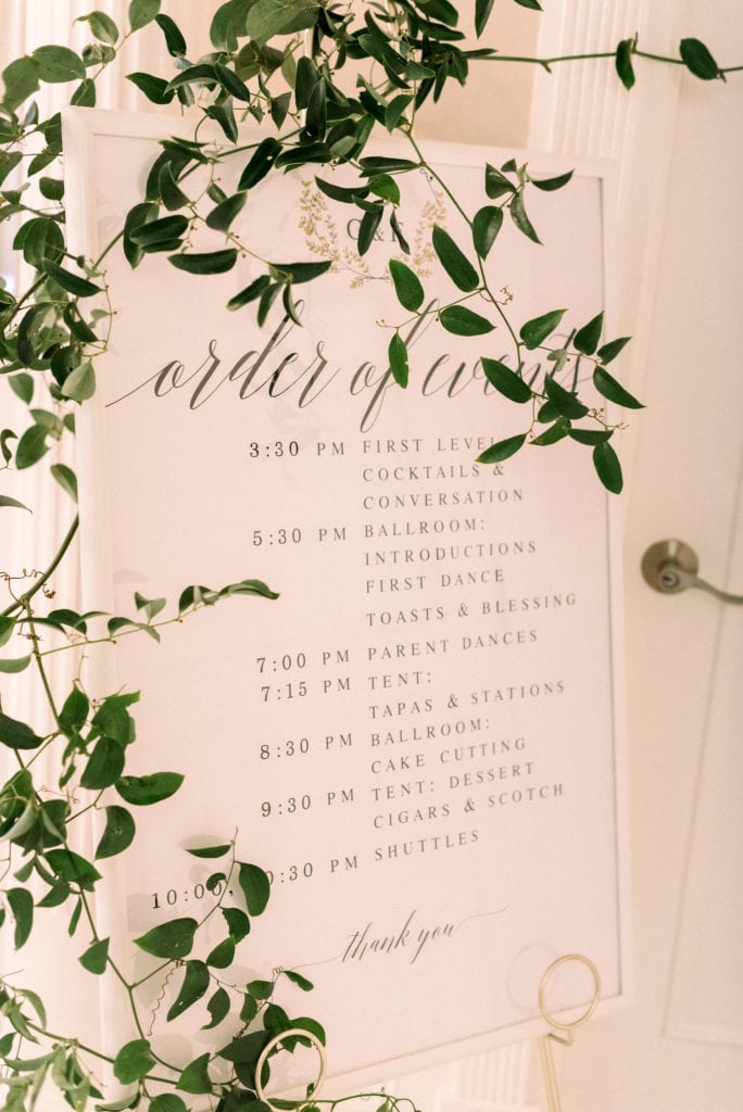 The wedding reception sign that reads Order of Events that include the time and events that will commence during the reception
