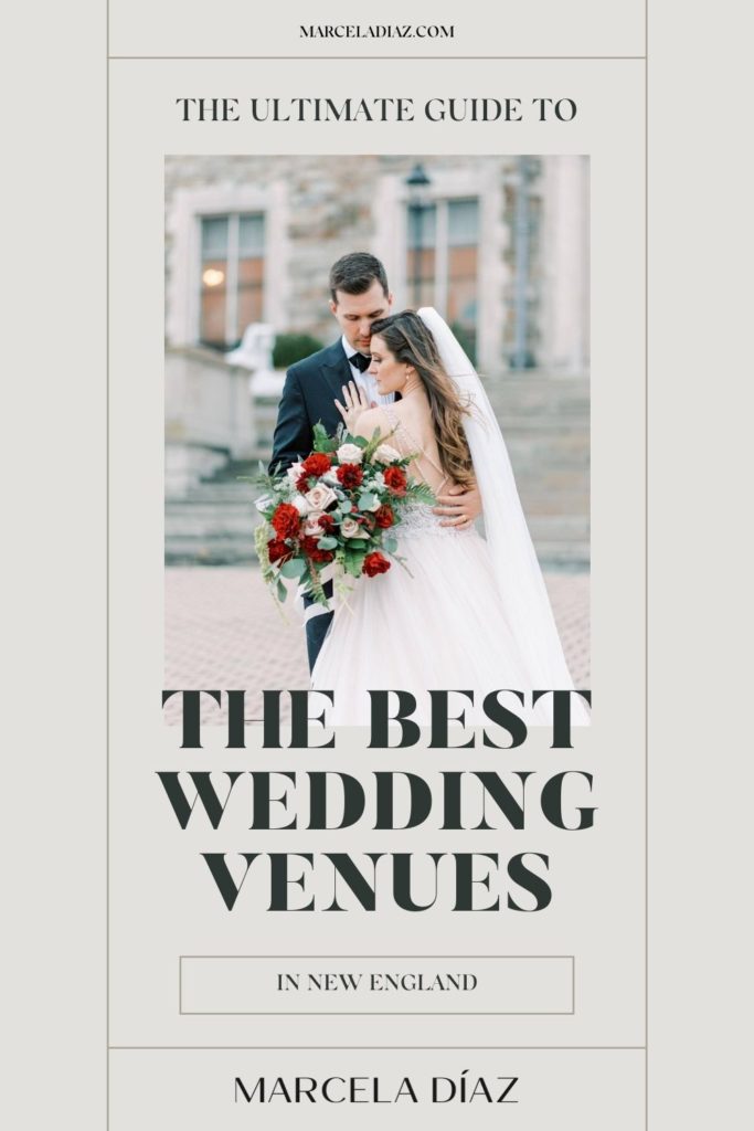 Groom wraps his hand around the bride and holds her bouquet with the other hand while she rests her hand on his chest; image overlaid with text that reads The Ultimate Guide to the Best Wedding Venues in New England