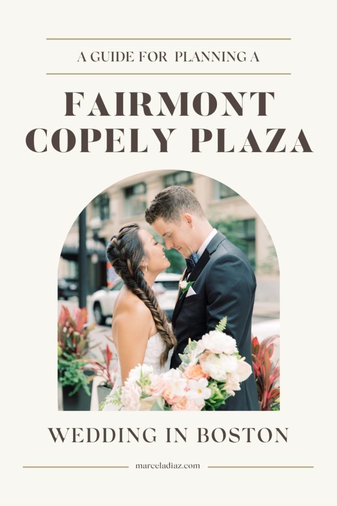 Bride and groom smiling as they stand in front of each other as they pose on the sidewalk, taken by Marcela Diaz Photography; image overlaid with text that reads A Guide For Planning a Fairmont Copely Plaza Wedding in Boston