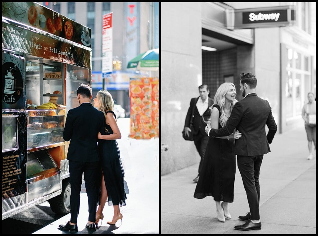 Engaged Couple outside of Radio City in NYC ordering street vendor food.