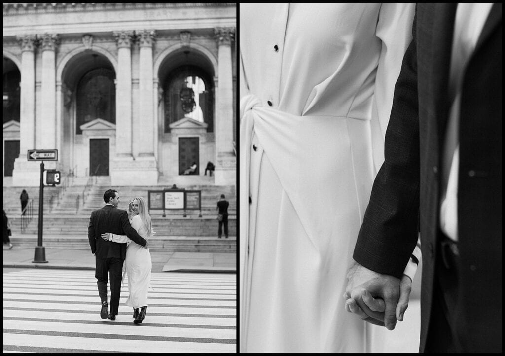 Couple at NYC Public library during their engagement session walking on across the street candidly.