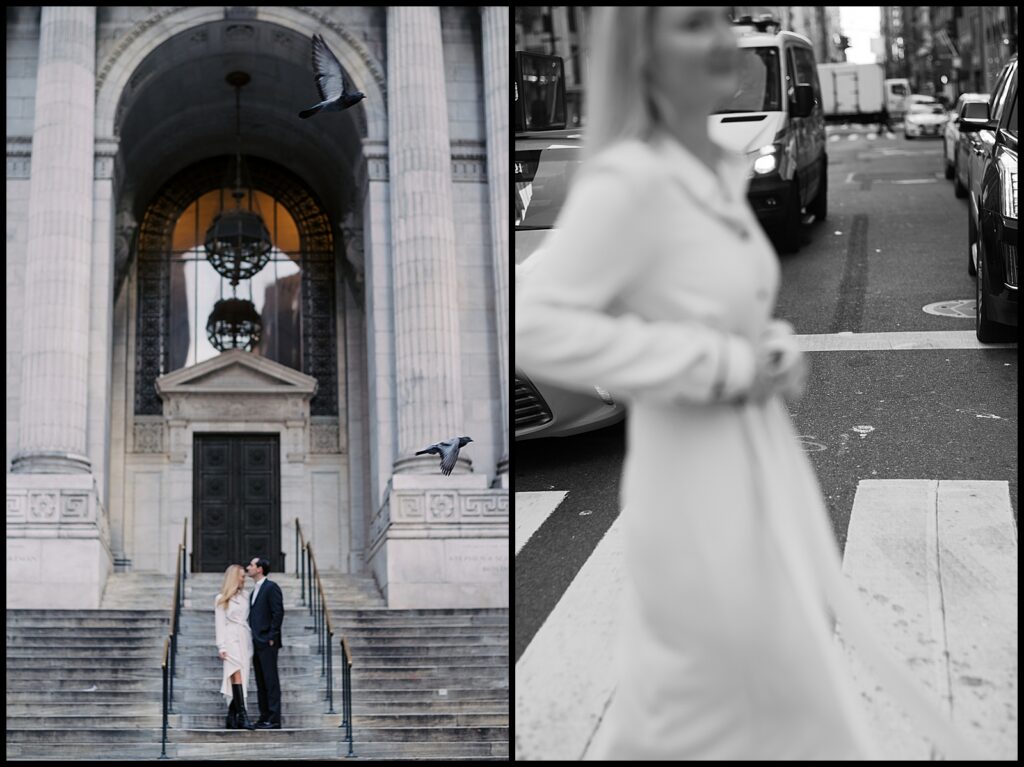 engaged couple post in front of NYC public library